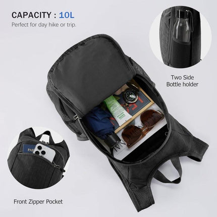Black Ultra-Lightweight Packable Backpack (10L) - Foldable Daypack for Travel, Hiking & Sports.