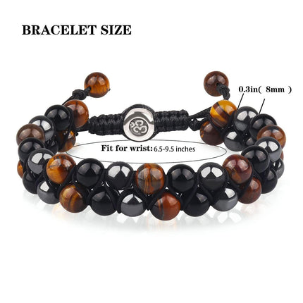 (2-Pack) Triple Protection Crystal Bracelet Set - Hand-Braided Tiger Eye, Black Onyx & Hematite.