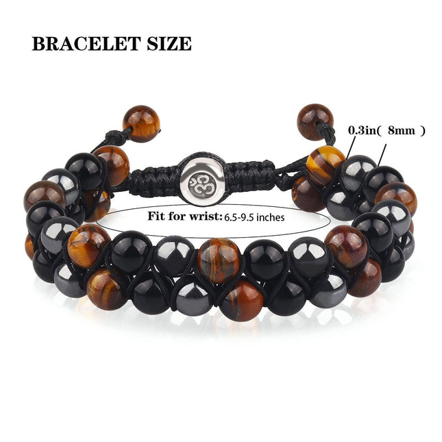 (2-Pack) Triple Protection Crystal Bracelet Set - Hand-Braided Tiger Eye, Black Onyx & Hematite.