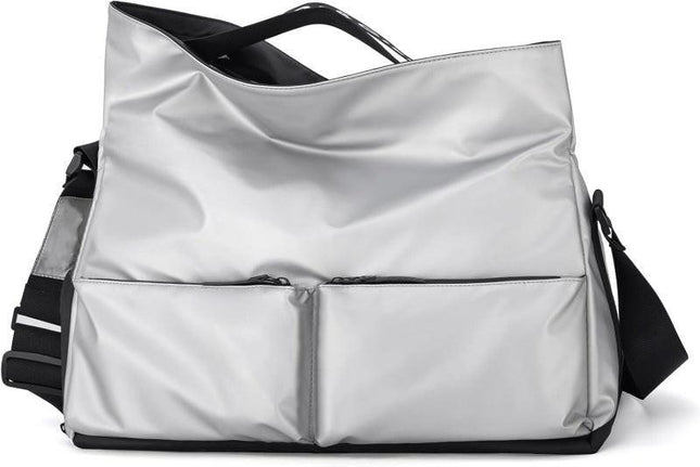Silver Large Capacity Waterproof Tote Bag - Convertible Crossbody Messenger for Gym, Travel & Work.