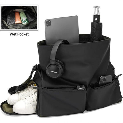 Black Large Capacity Waterproof Tote Bag - Convertible Crossbody Messenger for Gym, Travel & Work.