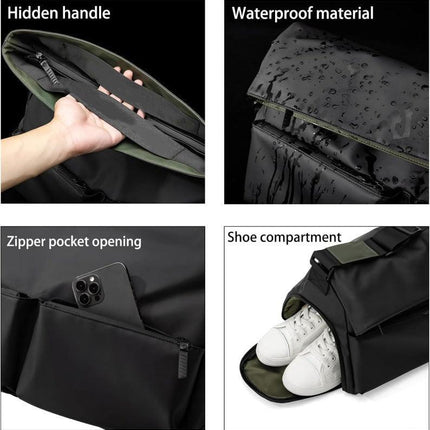 Black Large Capacity Waterproof Tote Bag - Convertible Crossbody Messenger for Gym, Travel & Work.