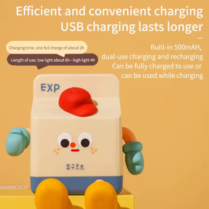 Adorable Milk Carton LED Night Light - USB Rechargeable Silicone Lamp with Tap Control, Timer & 3 Brightness Levels.