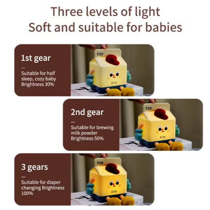 Adorable Milk Carton LED Night Light - USB Rechargeable Silicone Lamp with Tap Control, Timer & 3 Brightness Levels.