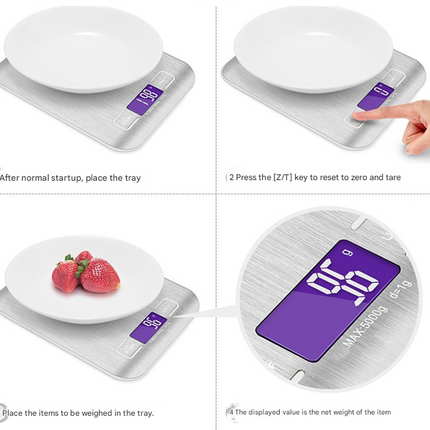 Silver Ultra-Slim Rechargeable Digital Kitchen Scale - Stainless Steel Food & Baking Scale with LCD Display (5kg/1g).