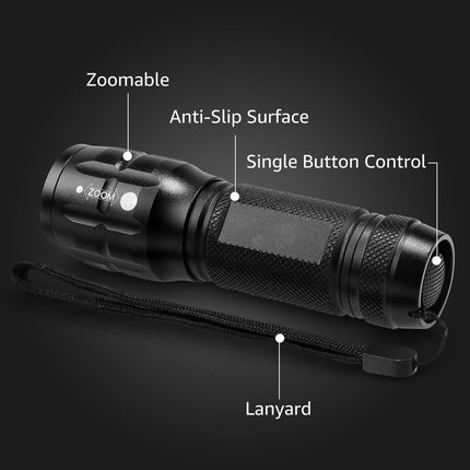 Compact Tactical LED Flashlight - Super Bright 160LM with Adjustable Zoom & Anti-Slip Grip.