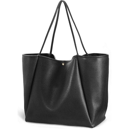 Black Classic Oversized Tote Bag - Soft Faux Leather Shoulder Purse for Work, Travel & Everyday Use.