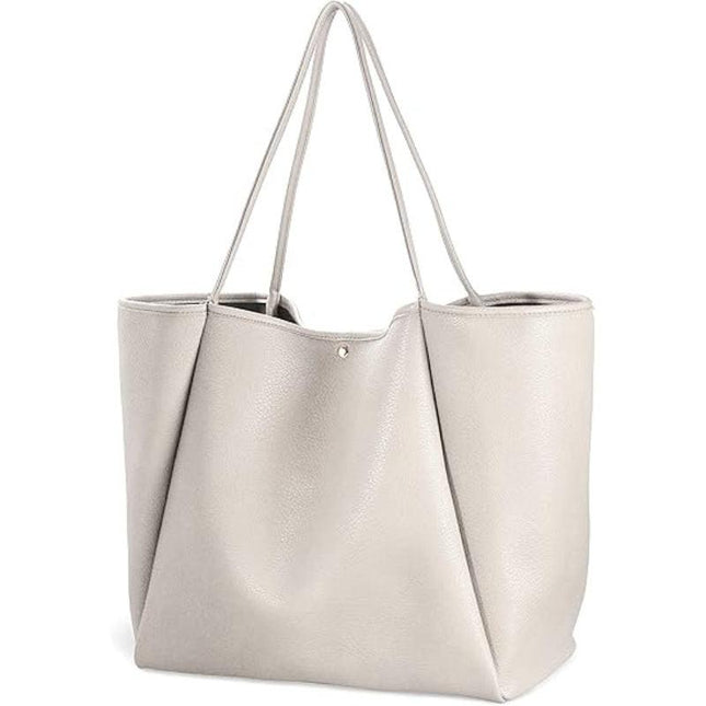 Beige Classic Oversized Tote Bag - Soft Faux Leather Shoulder Purse for Work, Travel & Everyday Use.