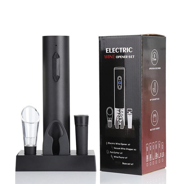 Complete Electric Wine Opener Gift Set - Rechargeable Corkscrew with Foil Cutter, Pourer, Vacuum Stopper & Charging Base.