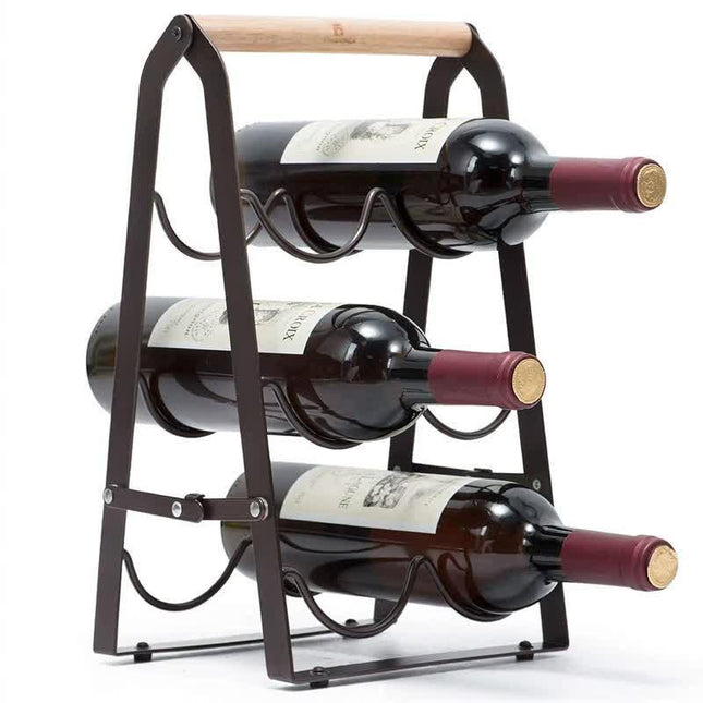 Rustic 6-Bottle Foldable Wine Rack - Metal Countertop Holder with Wooden Handle.