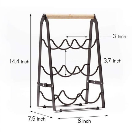 Rustic 6-Bottle Foldable Wine Rack - Metal Countertop Holder with Wooden Handle.