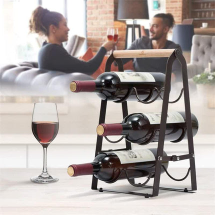 Rustic 6-Bottle Foldable Wine Rack - Metal Countertop Holder with Wooden Handle.