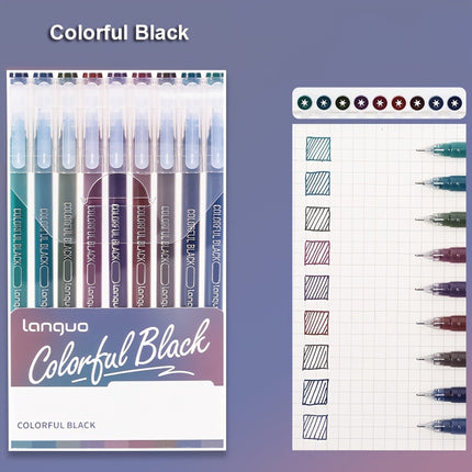Colorful Black 9PCS/Set Languo Dopamine Gel Pen Set - Vibrant Multi-Color Writing Instruments for Creativity.