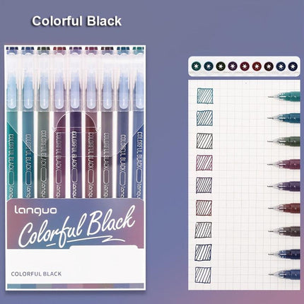 Colorful Black 9PCS/Set Languo Dopamine Gel Pen Set - Vibrant Multi-Color Writing Instruments for Creativity.