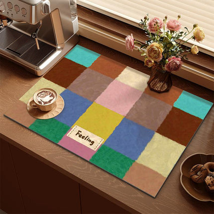 2-Piece Colourful Blocks Dopamine Drain Mat Set - 30x40cm Coffee Machine Mat, Bar Mat, Heat Resistant Kitchen Countertop Absorbent Mat.