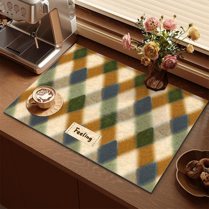 2-Piece Colourful Diamond Pattern Dopamine Drain Mat Set - 30x40cm Coffee Machine Mat, Bar Mat, Heat Resistant Kitchen Countertop Absorbent Mat.