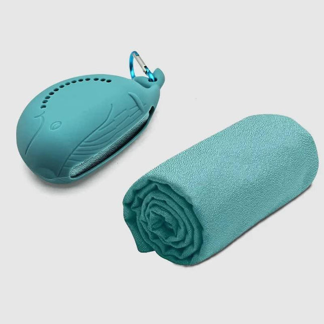 Blue 2-PCS Smart Whale Silicone Case Quick-Dry Towel Set - Portable & Cooling for Gym & Travel.