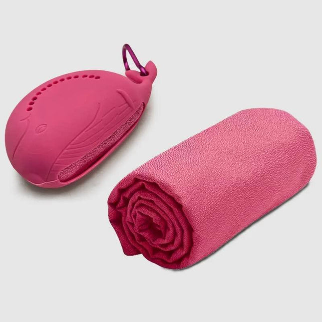 Pink 2-PCS Smart Whale Silicone Case Quick-Dry Towel Set - Portable & Cooling for Gym & Travel.