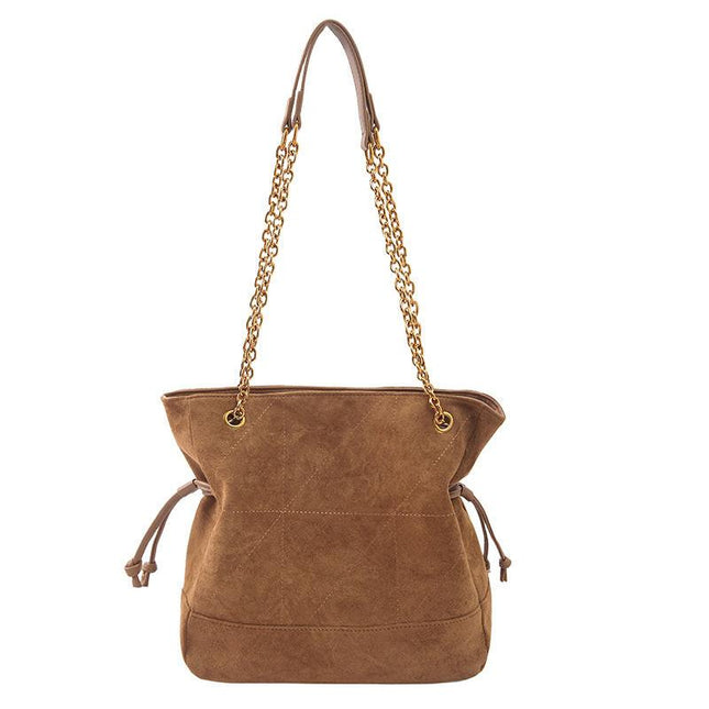 Brown Chic Suede Hobo Bag for Women - Versatile Tote with Drawstring, Large Capacity Commuter Bucket Bag.