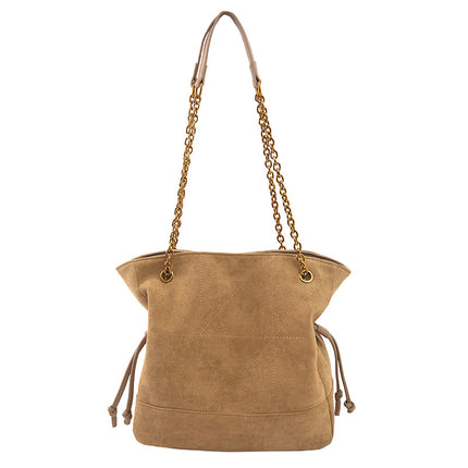 Khaki Chic Suede Hobo Bag for Women - Versatile Tote with Drawstring, Large Capacity Commuter Bucket Bag.