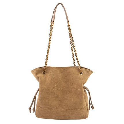 Khaki Chic Suede Hobo Bag for Women - Versatile Tote with Drawstring, Large Capacity Commuter Bucket Bag.