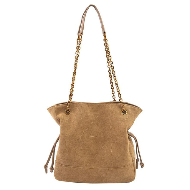 Khaki Chic Suede Hobo Bag for Women - Versatile Tote with Drawstring, Large Capacity Commuter Bucket Bag.