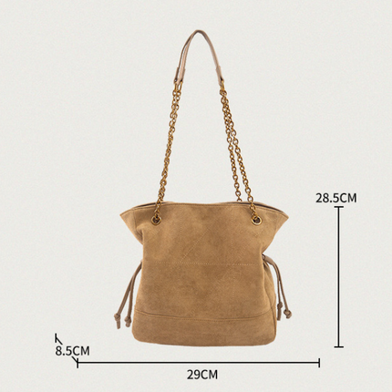 Khaki Chic Suede Hobo Bag for Women - Versatile Tote with Drawstring, Large Capacity Commuter Bucket Bag.