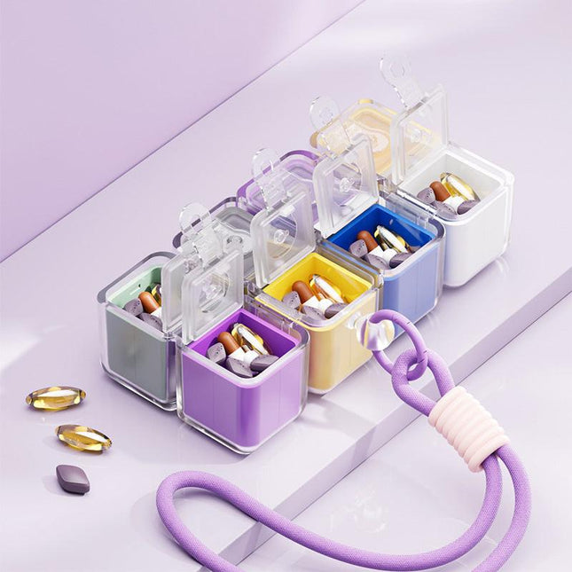 Multicolor 8-Grid Magic Cube Pill Box with Lanyard - Portable Weekly Sealed Tablet Organizer & Dispenser.