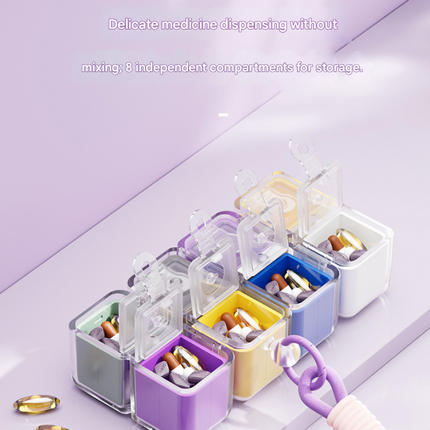 Multicolor 8-Grid Magic Cube Pill Box with Lanyard - Portable Weekly Sealed Tablet Organizer & Dispenser.