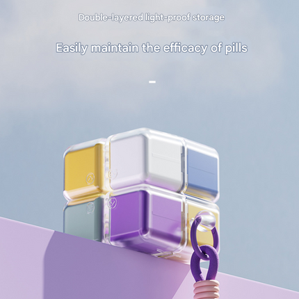 Multicolor 8-Grid Magic Cube Pill Box with Lanyard - Portable Weekly Sealed Tablet Organizer & Dispenser.
