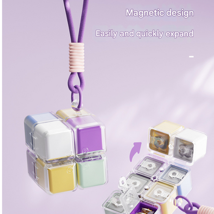 Yellow 8-Grid Magic Cube Pill Box with Lanyard - Portable Weekly Sealed Tablet Organizer & Dispenser.