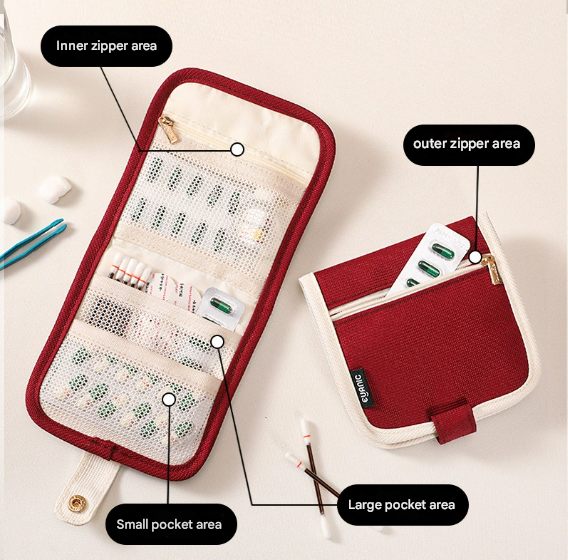 Red Travel Medicine Pouch & Cosmetic Organizer - Large Capacity, High-End Storage Bag, Toiletry Bag 13x13x3cm.