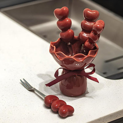 Red Cute Dessert & Fruit Forks with Ceramic Storage Jar - High-Value Creative Tableware Set.