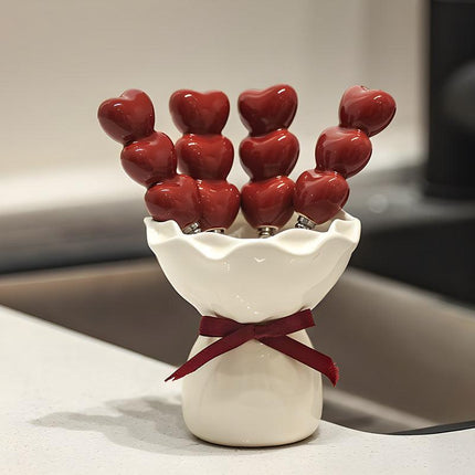 White Cute Dessert & Fruit Forks with Ceramic Storage Jar - High-Value Creative Tableware Set.