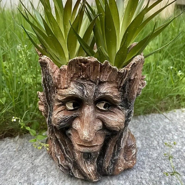 Resin Tree Stump Old Man Head Planter - Home & Garden Decor, Outdoor Pot Ornament.