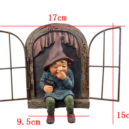 Mouth-Covering Little Man Climbing Window Gnome Figurine - Resin Craft Ornament, Garden Cartoon Statue Decoration.