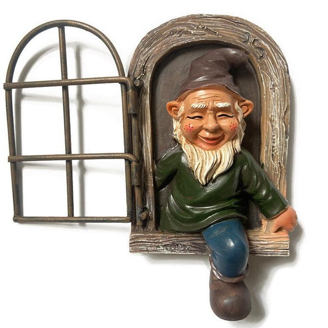 Green-clad White-bearded Old Man Climbing Window Gnome Figurine - Resin Craft Ornament, Garden Cartoon Statue Decoration.