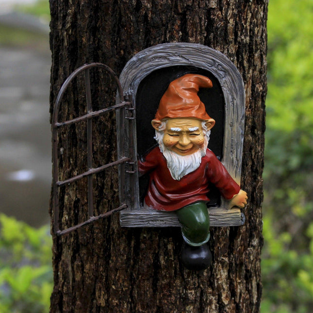 Red-clad White-bearded Old Man Climbing Window Gnome Figurine - Resin Craft Ornament, Garden Cartoon Statue Decoration.