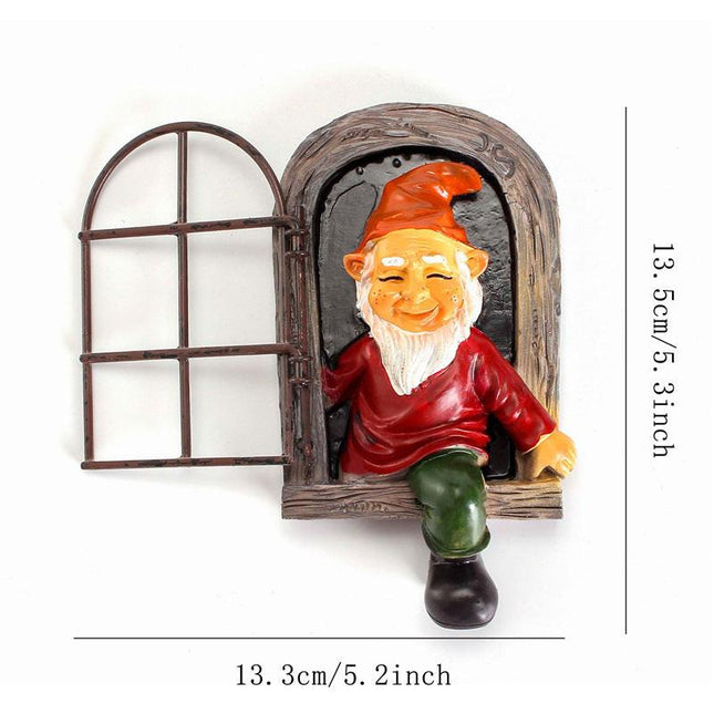 Red-clad White-bearded Old Man Climbing Window Gnome Figurine - Resin Craft Ornament, Garden Cartoon Statue Decoration.