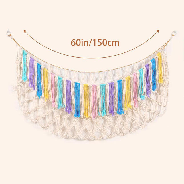 Multicolor Hand-Woven Cotton Rope Plush Toy Hammock - Wall Organizer with Tassels, Decorative Toy Net (150 x 40cm).