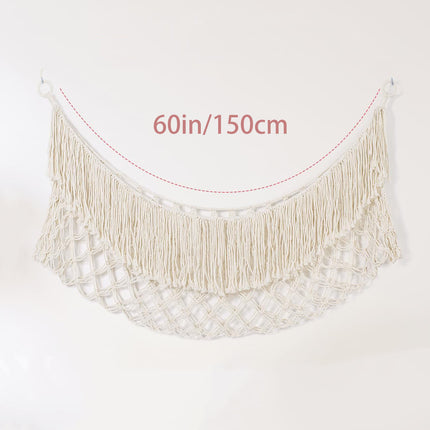 White Hand-Woven Cotton Rope Plush Toy Hammock - Wall Organizer with Tassels, Decorative Toy Net (150 x 40cm).