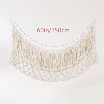 White Hand-Woven Cotton Rope Plush Toy Hammock - Wall Organizer with Tassels, Decorative Toy Net (150 x 40cm).
