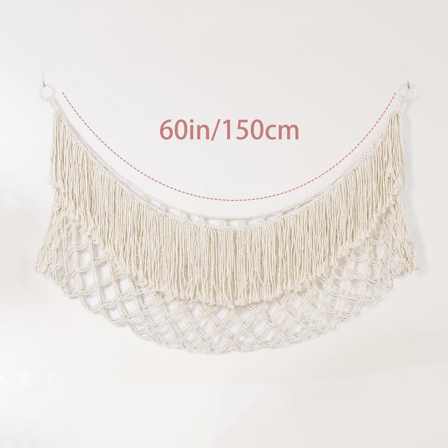 White Hand-Woven Cotton Rope Plush Toy Hammock - Wall Organizer with Tassels, Decorative Toy Net (150 x 40cm).