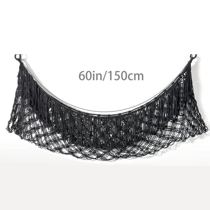 Black Hand-Woven Cotton Rope Plush Toy Hammock - Wall Organizer with Tassels, Decorative Toy Net (150 x 40cm).