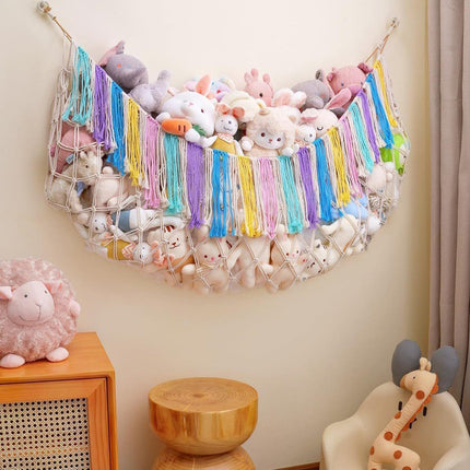 Black Hand-Woven Cotton Rope Plush Toy Hammock - Wall Organizer with Tassels, Decorative Toy Net (150 x 40cm).