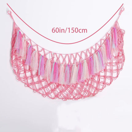 Pink Hand-Woven Cotton Rope Plush Toy Hammock - Wall Organizer with Tassels, Decorative Toy Net (150 x 40cm).