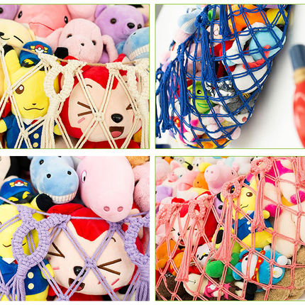 Pink Hand-Woven Cotton Rope Plush Toy Hammock - Wall Organizer with Tassels, Decorative Toy Net (150 x 40cm).