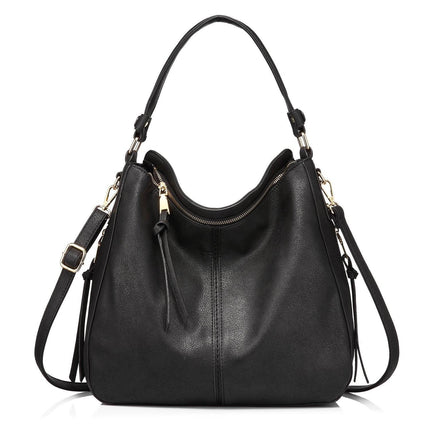 Black Foreign Trade Fashion Large Capacity Handbag - European & American Casual Crossbody Bag, Solid Color Zipper Women's Shoulder Bag.