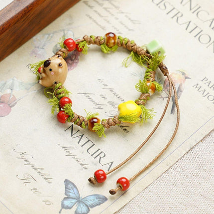 3-PCS Fresh & Whimsical Christmas Ceramic Braided Bracelet - Cartoon Animal Hand Rope, Artistic Hand Jewelry.