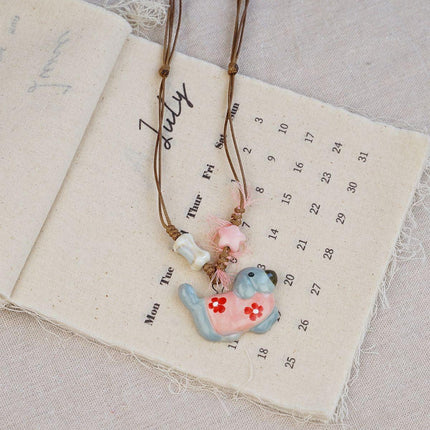Random 4-Piece Set: Sweet & Fresh Ceramic Dachshund Dog Necklace - Cute Trendy Individual Puppy Pendant, Playful Creative Neckwear.